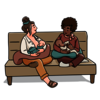 Illustration von zwei Frauen, die mit ihren Babys auf einer Bank sitzen