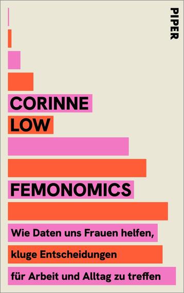 Das Buchcover zeigt einen hellbeigen Hintergrund mit vertikalen, bunten Balken in verschiedenen Farben, darunter Pink, Orange und Schwarz. Oben sind die Namen „Corinne Low“ und der Titel „FEMONOMICS“ prominent in verschiedenen Schriftgrößen und -stilen platziert. Unter dem Titel steht der Untertitel „Wie Daten uns Frauen helfen, kluge Entscheidungen für Arbeit und Alltag zu treffen“ in einer größeren Schrift. Diese Gestaltung vermittelt eine dynamische und moderne Atmosphäre.