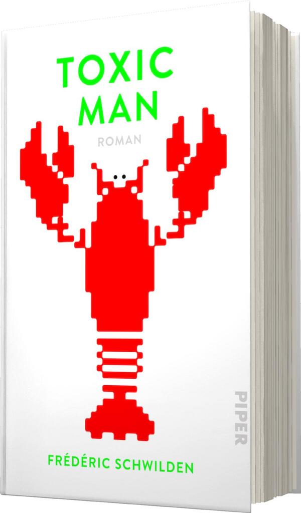Das Buchcover zeigt einen großen, rot-animierten Krebs in Pixelgrafik, der zentral angeordnet ist. Der Hintergrund ist in einem hellen Farbton gehalten, was den Kontrast zum Krebs verstärkt. Der Titel „TOXIC MAN“ wird in auffälliger, grüner Schrift oberhalb des Krebses platziert, während darunter das Wort „ROMAN“ in kleinerer Größe steht. Am unteren Rand ist der Autorenname „FRÉDÉRIC SCHWILDEN“ in einer schlichten Schriftart abgedruckt. Insgesamt vermittelt das Cover eine moderne, spielerische Atmosphäre.