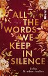 Das Buchcover zeigt einen tiefrot hinterlegten Hintergrund, der mit floralen Elementen in warmen Gelb- und Cremetönen verziert ist. Im Mittelpunkt steht der Titel „ALL THE WORDS WE KEEP IN SILENCE“ in goldener, glitzernder Schrift, die groß und auffällig gestaltet ist. Darunter befindet sich der Schriftzug „Roman“ in schlichterer, weißer Schrift. Am unteren Rand ist der Autorenname „Julia Niederstraßer“ ebenfalls in weißer Schrift platziert. Die floralen Elemente erzeugen eine warme, einladende Atmosphäre.
