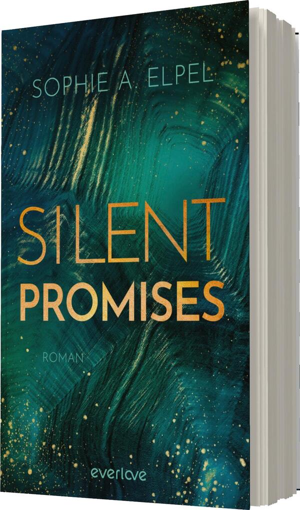 Das Buchcover zeigt eine abstrakte, kunstvolle Gestaltung in sanften Grüntönen, die mit schimmernden goldenen Akzenten durchzogen ist. Der Titel „SILENT PROMISES“ ist in einer eleganten, großen Schrift in Gold gehalten, während der Autorennamen „SOPHIE A. ELPSEL“ dezent oben in heller Schrift steht. Am unteren Rand befindet sich der Hinweis „ROMAN“ in kleinerer Schrift. Die Gesamtheit der Farben und Formen vermittelt eine geheimnisvolle und einladende Atmosphäre.