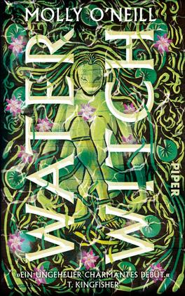 Das Buchcover zeigt eine farbenfrohe, stilisierte Darstellung einer Wasserhexe in einem natürlichen Umfeld. Sie hat ein leicht verklärtes Gesicht und ist von grünen Pflanzen und pinken Blüten umgeben. Der Titel „WATER WITCH“ in großen, weißen Buchstaben ist prägnant platziert und zieht die Aufmerksamkeit auf sich. Der Name der Autorin, Molly O'Neill, steht in kleinerer Schrift oberhalb des Titels, während der Verlagsname „Piper“ in der oberen rechten Ecke zu sehen ist. Die insgesamt harmonische Farbgestaltung vermittelt eine mystische Atmosphäre.