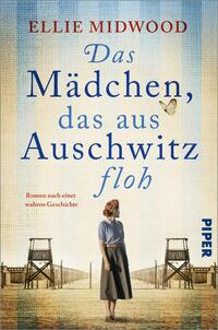 Das Buchcover zeigt oben den Autorennamen Ellie Midwood in roter Großschrift, darunter den Titel „Das Mädchen, das aus Auschwitz floh“ in großer blauer Seriftypografie, darunter klein die Zusatzzeile „Roman nach einer wahren Geschichte“. Vor einem sandig-beigen bis blassblauen Himmel steht eine Frau in 1940er-Kleidern mit dem Rücken zur Betrachterin, im Vordergrund Stacheldrahtzäune und Wachtürme; ein Schmetterling neben dem Titel vermittelt stille Hoffnung.