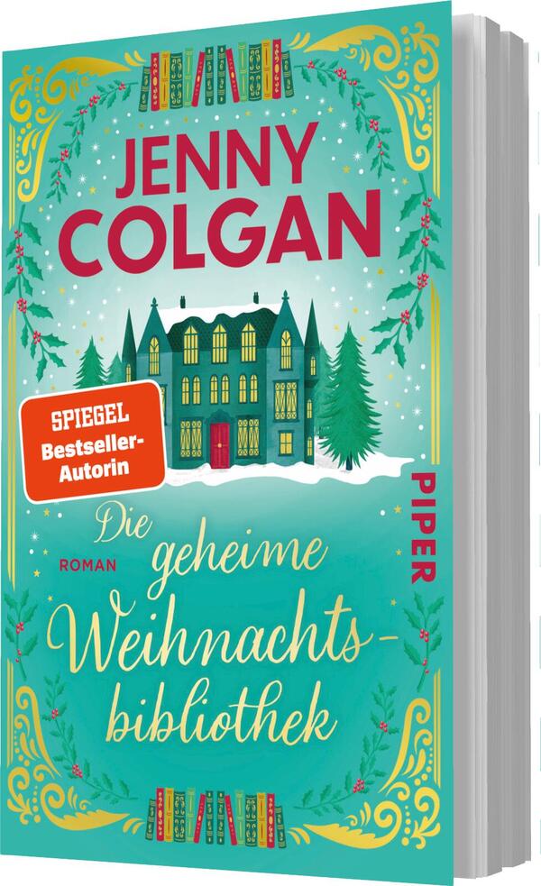 Das Buchcover zeigt eine festlich dekorierte Bibliothek, in der ein großes Fenster mit einem roten Schleifenband geschmückt ist. Rechterhand ist ein üppiger Weihnachtsbaum mit bunten Ornamenten und Lichtern abgebildet. Der Titel „Die geheime Weihnachtsbibliothek“ ist in eleganter, goldener Schrift platziert, unterlegt von einem geschwungenen Schriftzug. Der Name „Jenny Colgan“ steht prominent darüber. Eine rote Auszeichnung informiert über die „SPIEGEL Bestseller-Autorin“. Der Hintergrund ist in warmen, einladenden Farben gehalten und vermittelt eine gemütliche, festliche Atmosphäre.