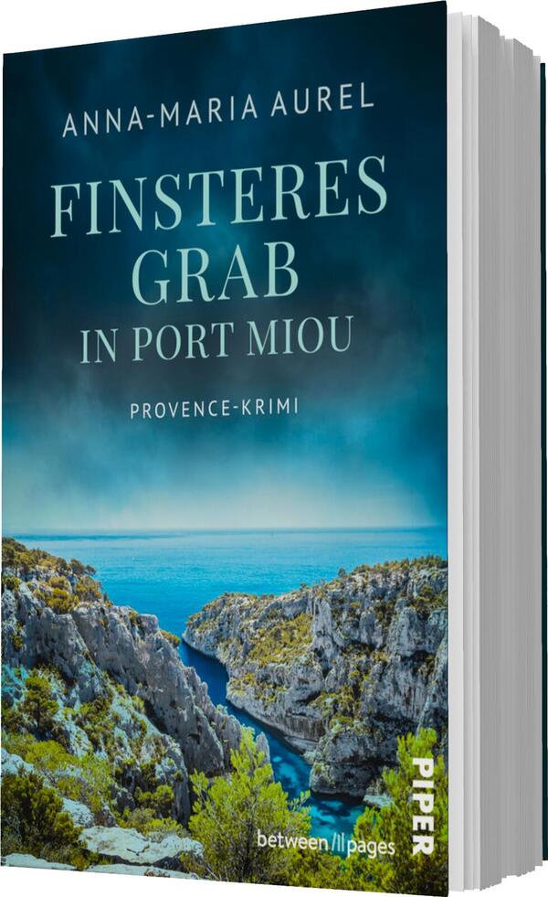 Das Buchcover zeigt eine malerische Küstenlandschaft mit steilen Felsen und klarem blauem Wasser, das die Atmosphäre eines mysteriösen Krimis vermittelt. Der Titel „FINSTERES GRAB IN PORT MIOU“ steht in großen, weißen Buchstaben auf dunklem Hintergrund, während der Autorennamen „ANNA-MARIA AUREL“ in kleinerer Schrift darüber erscheint. Am unteren Rand ist der Zusatz „PROVENCE-KRIMI“ in einer eleganten, hellen Schrift positioniert. Die Farbpalette umfasst verschiedene Blautöne, die die maritime Umgebung betonen.