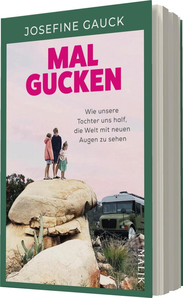 Das Buchcover zeigt eine sanfte Landschaft mit einem rosa Himmel und einer Felsformation im Vordergrund. Auf dem großen, hellen Stein stehen drei Figuren: ein Erwachsener und zwei Kinder, die in die Ferne blicken. Die Schriftzüge „MAL GUCKEN“ in kräftigem Pink und der Untertitel „Wie unsere Tochter uns half, die Welt mit neuen Augen zu sehen“ in einer dezenten Schrift sind auf grünem Hintergrund platziert. Die Gestaltung vermittelt eine warme, einladende Atmosphäre.