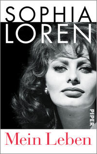 Das Buchcover zeigt ein Porträt von Sophia Loren in Schwarz-Weiß, das durch ihren charakteristischen Look mit voluminösem, lockigem Haar und auffälligen Lippen hervorsticht. Der Titel „SOPHIA LOREN“ ist in großen, schlichten, weißen Buchstaben oben platziert, während der Titel „Mein Leben“ in auffälligem, rotem Schriftzug am unteren Rand erscheint. Der Hintergrund ist schlicht und trägt zur zeitlosen Eleganz des Covers bei. Hinweis auf den Verlag „PIPER“ befindet sich in einer kleinen Schrift auf der rechten Seite.