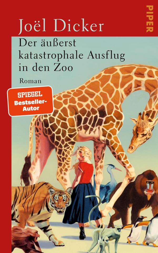 Das Buchcover zeigt oben einen roten Balken mit dem Autorennamen Joël Dicker in großer weißer Serifenschrift; darunter auf mintgrünem Grund der Titel „Der äußerst katastrophale Ausflug in den Zoo“ in schwarzer Serifenschrift und das Wort „Roman“. Zentral eine großformatige, nostalgisch illustrierte Giraffe und eine blonde Frau in rotem Oberteil und blauem Rock, umgeben von Tiger, buntem Pavian, Pelikan und weiteren Tieren. Orangener Aufkleber mit „SPIEGEL Bestseller-Autor“. Stimmung warm und leicht retro.