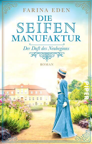 Das Buchcover zeigt eine elegante Frau in einem blauen Kleid mit einem breiten, weißen Hut, die auf einem Weg zu einem historischen Gebäude geht. Der Hintergrund ist in sanften Pastellfarben gehalten, mit einem Himmel in hellblau und einer blühenden Landschaft. Der Titel „DIE SEIFEN MANUFAKTUR“ ist in großen, geschwungenen, blauen Buchstaben oberhalb der Frau platziert, während darunter der Untertitel „Der Duft des Neubeginns“ in einer kleineren, geschwungenen Schrift erscheint. Der Name der Autorin, Farina Eden, steht in goldener Schrift.