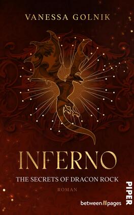 Das Buchcover zeigt einen majestätischen Drachen in Goldtönen, der im Zentrum des Designs fliegt. Der Hintergrund ist in warmen Rot- und Brauntönen gehalten und umfasst filigrane, spiralförmige Muster. Der Titel „INFERNO“ ist in kräftigen, goldenen Buchstaben platziert, während „THE SECRETS OF DRACON ROCK“ in etwas kleinerer Schrift darunter steht. Der Name der Autorin, Vanessa Golnik, findet sich oben auf dem Cover. Die gesamte Gestaltung vermittelt eine geheimnisvolle und aufregende Atmosphäre.