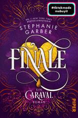 Das Buchcover zeigt einen tiefvioletten Hintergrund, der einen geheimnisvollen und magischen Eindruck vermittelt. Im Zentrum befindet sich ein goldenes Herz, umgeben von geschwungenen, weißen Linien, die die Schriftzüge umgarnen. Der Titel „FINALE“ ist groß und elegant in Silber dargestellt, während der Autorinnenname „Stephanie Garber“ darüber platziert ist. Am unteren Rand steht „ein Caraval Roman“ in schlichter Schrift. In der oberen rechten Ecke befindet sich ein quadratischer Button mit dem Text „#tiktokmade“.