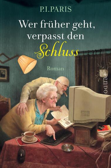 Das Buchcover zeigt eine ältere Frau und einen Mann, die konzentriert an einem Computer sitzen. Die Farbgebung ist warm mit dominanten Erdtönen und einem sanften, grünen Hintergrund. Der Titel „Wer früher geht, verpasst den Schluss“ ist in einer verspielten, gelben Schriftart auf dem Cover platziert, während der Untertitel „Roman“ in einer schlichten Schrift darunter steht. Die Atmosphäre wirkt nostalgisch und einladend, was die Themen von Gemeinschaft und Lebensfreude unterstreicht.