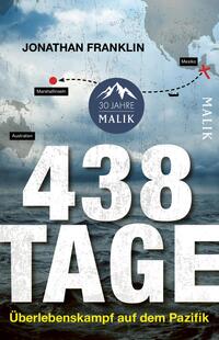 Das Buchcover zeigt eine dramatische, stürmische Meereslandschaft mit dunklen Wolken und Wellen. In der Mitte befindet sich eine grafische Darstellung des Pazifiks, die zwischen Australien und Mexiko verläuft, mit einer roten Markierung für die Marshallinseln. Der Titel „438 TAGE“ ist in großen, weißen Buchstaben am unteren Rand platziert, darunter steht in Gelb „Überlebenskampf auf dem Pazifik“. Oben links ist der Name des Autors „Jonathan Franklin“ in einer schlichten Schriftart zu sehen.