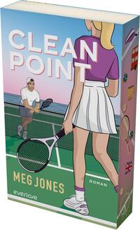 Das Buchcover zeigt eine minimalistische Illustration, die einen Tennisplatz mit zwei Spielern darstellt. Im Vordergrund steht eine Spielerin in einem lila Oberteil und einem weißen Rock mit Tennisschläger, während im Hintergrund ein männlicher Spieler zu sehen ist. Der Titel „CLEAN POINT“ ist in großen, weißen Buchstaben oben platziert. Unten steht der Name der Autorin „Meg Jones“ in einer schlichten Schrift. Die Farbgestaltung ist lebendig, dominiert von Blau und Grün, und vermittelt ein sportliches, dynamisches Gefühl.
