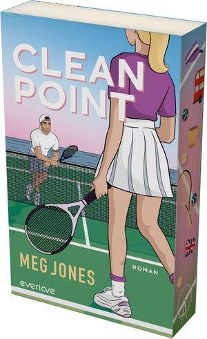 Das Buchcover zeigt eine minimalistische Illustration, die einen Tennisplatz mit zwei Spielern darstellt. Im Vordergrund steht eine Spielerin in einem lila Oberteil und einem weißen Rock mit Tennisschläger, während im Hintergrund ein männlicher Spieler zu sehen ist. Der Titel „CLEAN POINT“ ist in großen, weißen Buchstaben oben platziert. Unten steht der Name der Autorin „Meg Jones“ in einer schlichten Schrift. Die Farbgestaltung ist lebendig, dominiert von Blau und Grün, und vermittelt ein sportliches, dynamisches Gefühl.