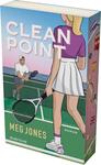 Das Buchcover zeigt eine minimalistische Illustration, die einen Tennisplatz mit zwei Spielern darstellt. Im Vordergrund steht eine Spielerin in einem lila Oberteil und einem weißen Rock mit Tennisschläger, während im Hintergrund ein männlicher Spieler zu sehen ist. Der Titel „CLEAN POINT“ ist in großen, weißen Buchstaben oben platziert. Unten steht der Name der Autorin „Meg Jones“ in einer schlichten Schrift. Die Farbgestaltung ist lebendig, dominiert von Blau und Grün, und vermittelt ein sportliches, dynamisches Gefühl.