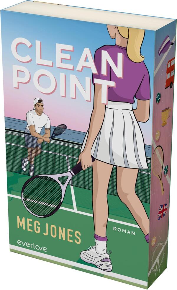 Das Buchcover zeigt eine minimalistische Illustration, die einen Tennisplatz mit zwei Spielern darstellt. Im Vordergrund steht eine Spielerin in einem lila Oberteil und einem weißen Rock mit Tennisschläger, während im Hintergrund ein männlicher Spieler zu sehen ist. Der Titel „CLEAN POINT“ ist in großen, weißen Buchstaben oben platziert. Unten steht der Name der Autorin „Meg Jones“ in einer schlichten Schrift. Die Farbgestaltung ist lebendig, dominiert von Blau und Grün, und vermittelt ein sportliches, dynamisches Gefühl.