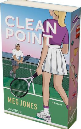 Das Buchcover zeigt eine minimalistische Illustration, die einen Tennisplatz mit zwei Spielern darstellt. Im Vordergrund steht eine Spielerin in einem lila Oberteil und einem weißen Rock mit Tennisschläger, während im Hintergrund ein männlicher Spieler zu sehen ist. Der Titel „CLEAN POINT“ ist in großen, weißen Buchstaben oben platziert. Unten steht der Name der Autorin „Meg Jones“ in einer schlichten Schrift. Die Farbgestaltung ist lebendig, dominiert von Blau und Grün, und vermittelt ein sportliches, dynamisches Gefühl.