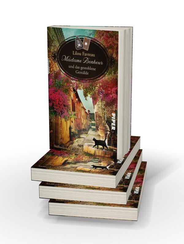 Bücherstapel des Buches „Madame Bonheur und das verschwundene Gemälde“