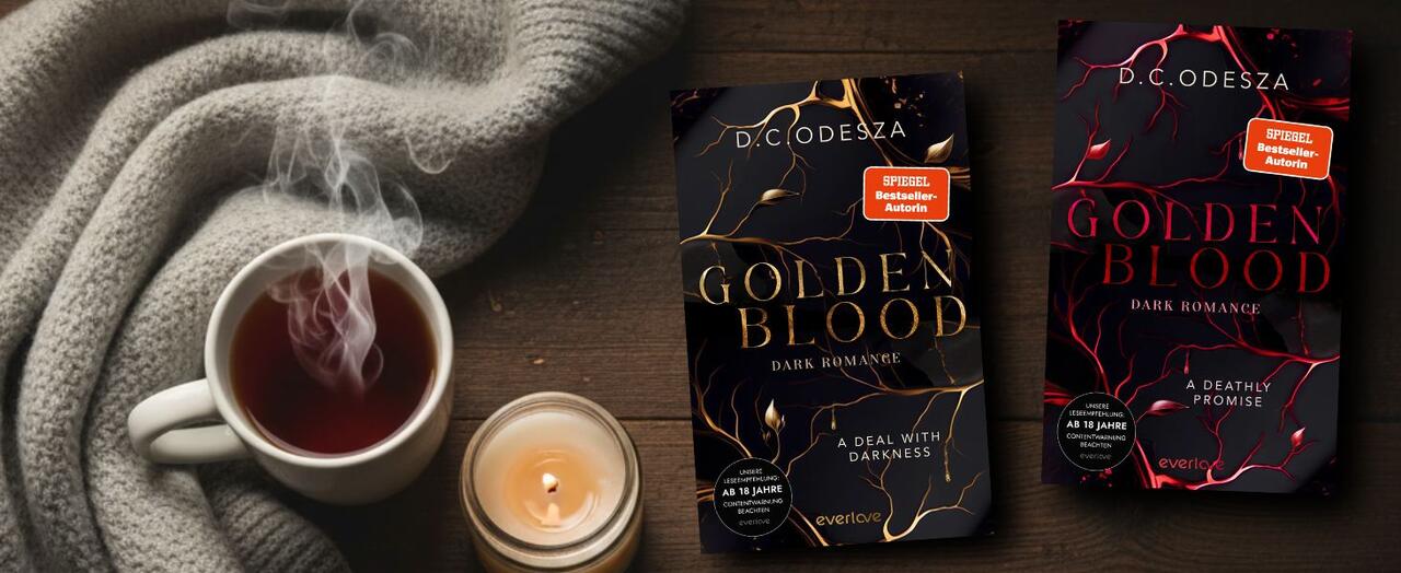 "Golden Blood"-Reihe Band 1 und 2 von D.C. Odesza auf einem Holztisch, daneben eine dampfende Tasse Tee, eine Kerze und eine graue Decke.