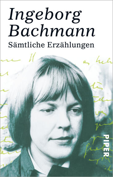 Das Buchcover zeigt ein Porträt von Ingeborg Bachmann. Die Gestaltung ist in einem sanften Schwarz-Weiß gehalten, mit einer stilisierten, leichten grünlichen Schrift im Hintergrund, die an handschriftliche Notizen erinnert. Der Titel „Sämtliche Erzählungen“ ist in klarer, schwarzer Schrift platziert, während der Verlag „PIPER“ in einem schlichten, weißen Block am unteren Rand des Covers steht. Die Gesamtatmosphäre vermittelt einen literarischen, nachdenklichen Eindruck.