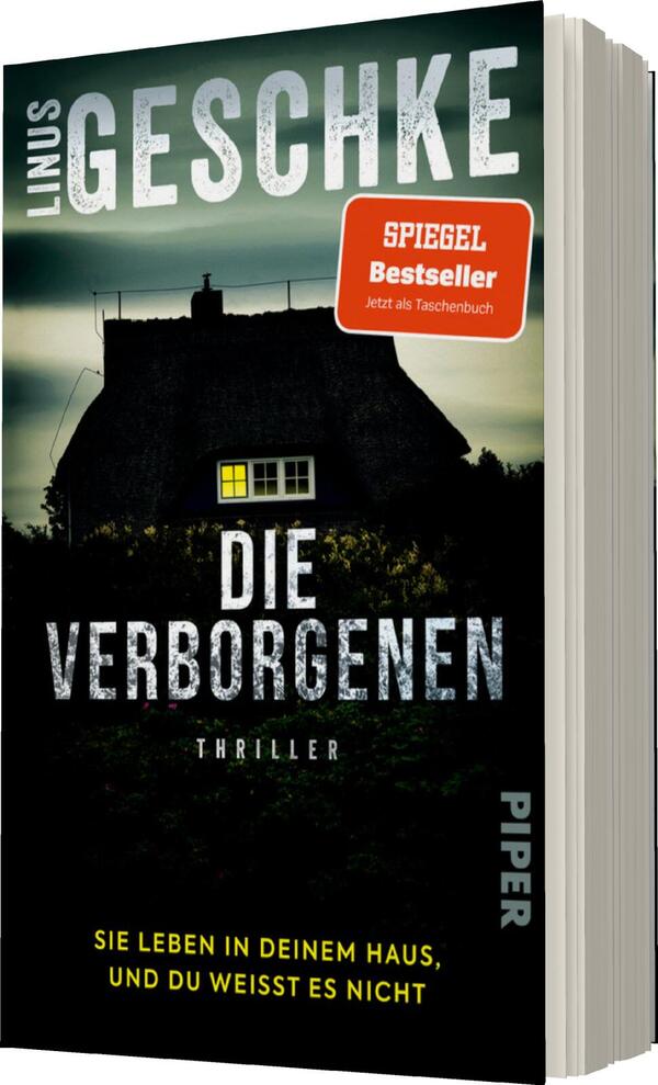 Das Buchcover zeigt ein düsteres, unscharfes Haus unter einem nebligen Himmel. Die Farben sind überwiegend in Schwarz, Grau und einem gedämpften Blau gehalten, was eine geheimnisvolle Atmosphäre schafft. Der Titel „DIE VERBORGENDEN“ ist in großen, weißen Buchstaben in der Mitte platziert, ergänzt durch das Wort „THRILLER“ in kleinerer Schrift darunter. Oben links steht „LINUS GESCHKE“ in hellem Grau, und ein Sticker für „SPIEGEL Bestseller“ hebt sich in leuchtendem Orange ab. Unter dem Titel befindet sich der Satz „SIE LEBEN IN DEINEM HAUS, UND DU WEISST ES NICHT“ in kleinerer Schrift.