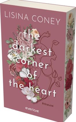 Das Buchcover zeigt einen sanften rosa Hintergrund, auf dem florale Elemente in verschiedenen Farben und Texturen angeordnet sind. Die Titelzeile „the darkest corner of the heart“ ist in einer auffälligen, weißen Schriftart platziert, während der Autorenname „Lisina Coney“ oben in eleganten Buchstaben dargestellt ist. Ein runder, rosa Button mit der Aufschrift „VORLÄUFIGES COVER“ ist ebenfalls sichtbar. Der Buchrücken ist mit einem Muster aus Fragezeichen in verschiedenen Größen gestaltet.