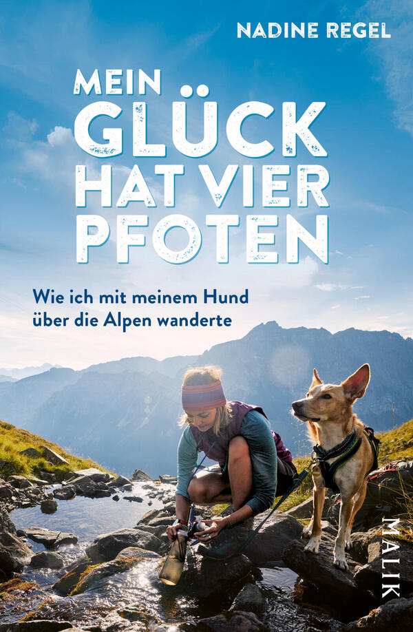 Das Buchcover zeigt eine Berglandschaft mit blauem Himmel und fernen Alpen; im Vordergrund kniet eine wandernde Person in Outdoor-Kleidung am Rand eines Bachs und füllt eine Trinkflasche, daneben sitzt ein mittelgroßer, aufmerksamer Hund mit Halsband. Oben großer, weißer Titel „MEIN GLÜCK HAT VIER PFOTEN“, Untertitel „Wie ich mit meinem Hund über die Alpen wanderte“, oben rechts Autorenname „NADINE REGEL“. Atmosphärisch sonnig und abenteuerlich.