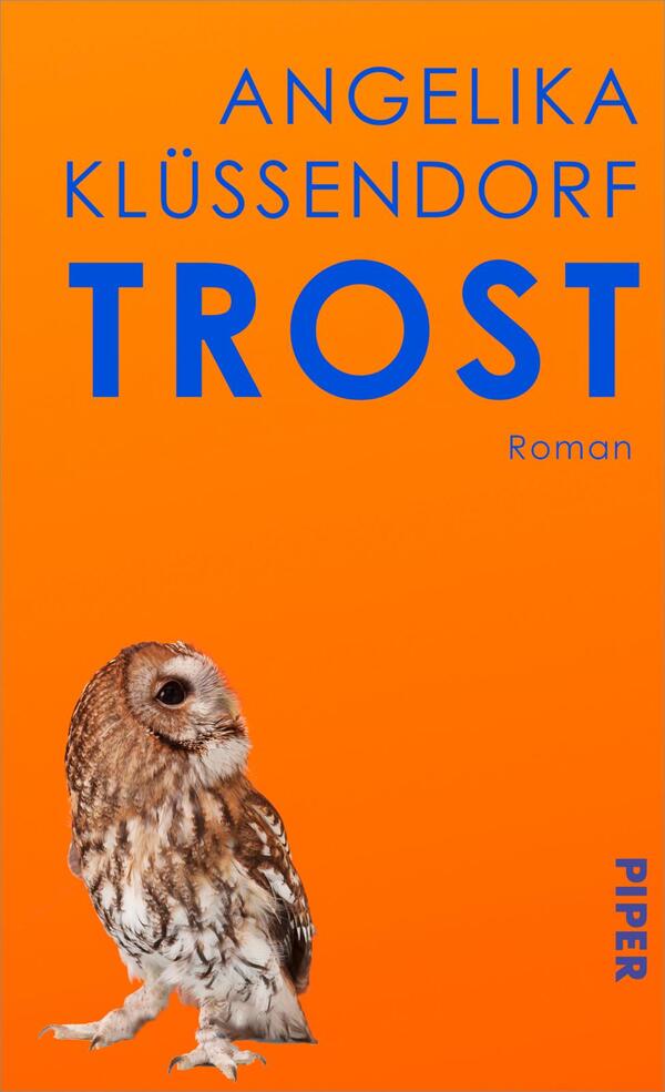 Das Buchcover zeigt den kräftig orangefarbenen Hintergrund mit dem groß gesetzten blauen Titel „TROST“ in der Mitte und dem Autorennamen „Angelika Klüssendorf“ in blauen Großbuchstaben oben. Rechts neben dem Titel steht klein „Roman“. Unten links steht eine realistische Waldkauz-Eule, seitlich sitzend und nach rechts blickend. Die Gestaltung wirkt kontrastreich, warm und prägnant.