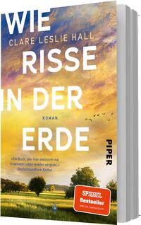 Das Buchcover zeigt eine weite, goldorange beleuchtete Landschaft mit niedrigem grünen Feld, vereinzelten Bäumen und einer kleinen Figur in Blau im Vordergrund; darüber ein dramatischer, wolkiger Himmel mit fliegenden Vögeln. Der Titel steht groß in weißen Großbuchstaben über dem Bild: „WIE RISSE IN DER ERDE“, die Autorin „CLARE LESLIE HALL“ in kleineren gelben Großbuchstaben. Unten rechts ein oranger Aufkleber mit „SPIEGEL Bestseller – jetzt als Taschenbuch“.