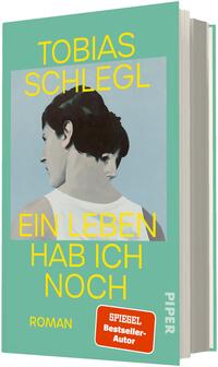 Das Buchcover zeigt vor mintgrünem Hintergrund ein gemaltes Porträt zweier ineinander verschränkter Personen in Profilansicht, eine Frau und ein Mann, in gedämpften Haut- und Pastelltönen. Oben großer gelber Schriftzug „TOBIAS SCHLEGL“, mittig großes gelbes Titelblatt „EIN LEBEN HAB ICH NOCH“, unten links gelber Verlagszusatz „ROMAN“. Unten rechts roter Button mit weißer Aufschrift „SPIEGEL Bestseller-Autor“.