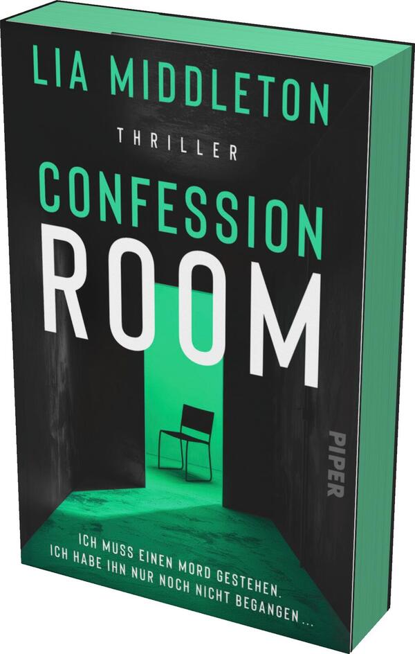 Das Buchcover zeigt einen dunklen Hintergrund, der mit einer starken, leuchtenden grünen Farbe kontrastiert. In der Mitte steht der Titel „CONFESSION ROOM“ in großen, weißen Buchstaben, wobei das Wort „ROOM“ größer und auffälliger gestaltet ist. Im Hintergrund ist ein Schattenriss von einem Raum mit einer grünen Wand und einem einfachen schwarzen Stuhl sichtbar. Unten steht der Untertitel „ICH MUSS EINEN MORD GESTEHEN... ICH HABE IHN NUR NOCH NICHT BEGANGEN…“ in einer kleineren, weißen Schrift. Oben auf dem Cover sind der Name der Autorin Lia Middleton und das Wort „Thriller“ platziert. Das Verlagslogo befindet sich in der unteren Ecke.