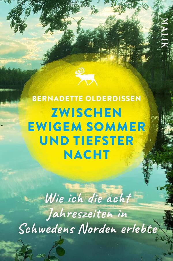 Das Buchcover zeigt eine malerische Landschaft mit einem klaren See und dichter Vegetation im Hintergrund. Die dominierende Farbgebung besteht aus sanften Grüntönen und dezenten Blau- und Gelbtönen. In einem hellen, gelben Kreis ist der Titel „Zwischen ewigem Sommer und tiefster Nacht“ in großen, blauen Buchstaben platziert, darunter der Untertitel „Wie ich die acht Jahreszeiten in Schwedens Norden erlebte“ in kleinerer Schrift. Oben steht der Name der Autorin, Bernadette Olderdißen, in weißer Schrift.