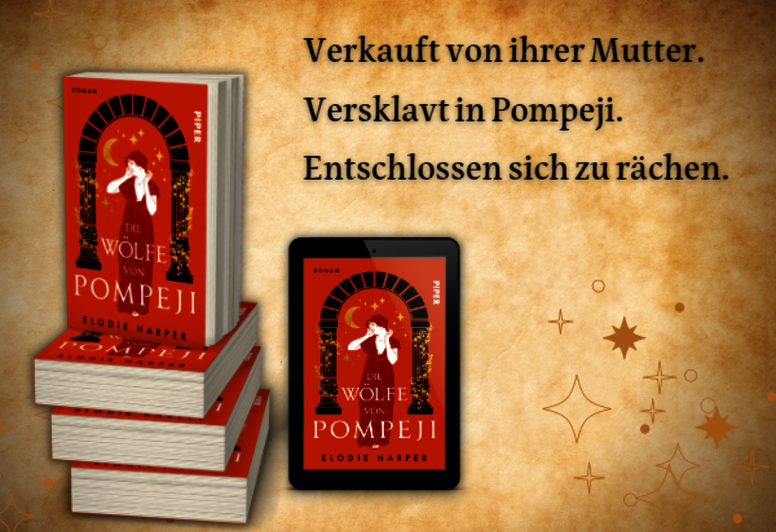 Elodie Harpers „Die Wölfe von Pompeji“ als Bücherstapel und ebook