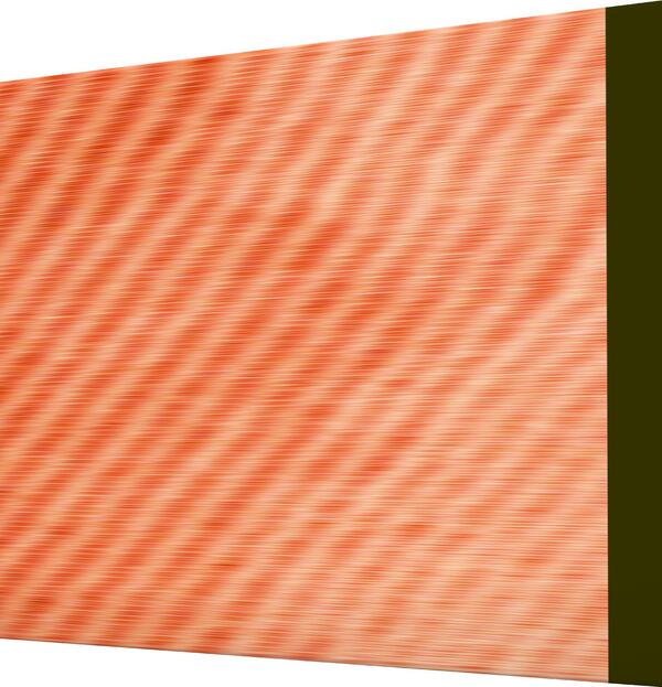 Das Buchcover zeigt ein großflächiges, diagonal gerastertes Muster in warmen Orange- und Koralltönen mit feinen, dichtstehenden Linien, die eine wellenartige Moiré-Optik und einen sanften Farbverlauf von hellcreme zu intensivem Orange erzeugen. Am rechten Rand verläuft ein schmaler, dunkler Olivgrün-Streifen, oben links ein kleiner weißer Dreieckszuschnitt. Kein Titel oder Autorenname sichtbar. Die Stimmung ist warm und dynamisch.