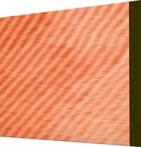 Das Buchcover zeigt ein großflächiges, diagonal gerastertes Muster in warmen Orange- und Koralltönen mit feinen, dichtstehenden Linien, die eine wellenartige Moiré-Optik und einen sanften Farbverlauf von hellcreme zu intensivem Orange erzeugen. Am rechten Rand verläuft ein schmaler, dunkler Olivgrün-Streifen, oben links ein kleiner weißer Dreieckszuschnitt. Kein Titel oder Autorenname sichtbar. Die Stimmung ist warm und dynamisch.