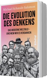 Das Buchcover zeigt eine Vielzahl von historischen Persönlichkeiten, die für die Entwicklung des Denkens prägend waren. Die Figuren sind skizzenhaft in schwarzweiß dargestellt vor einem hellen, orange-rosafarbenen Farbverlauf. Der Titel „DIE EVOLUTION DES DENKENS“ ist in großen, schwarzen Buchstaben oben platziert, gefolgt von dem Untertitel „DAS MODERNE WELTBILD – UND WEM WIR ES VERDANKEN“ in kleinerer Schrift. Der Autor, Michael Schmidt-Salomon, steht oben links. Am unteren Rand befindet sich das Wort „PIPER“ in einer schlichten Schrift.