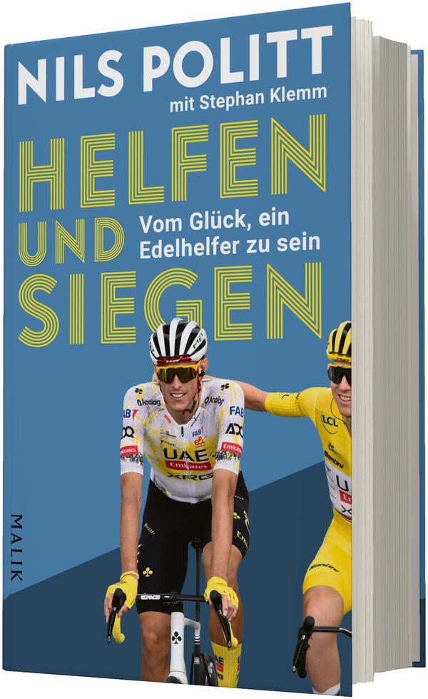 Das Buchcover zeigt vor blauem Hintergrund zwei Radrennfahrer in Aktion, vorn Nils Politt im weißen UAE-Trikot mit Sonnenbrille und Helm, rechts ein in gelb gekleideter Fahrer, der ihm freundschaftlich die Schulter berührt. Großes gelb-grünliches, gestreiftes Titelmotiv „Helfen und Siegen“, oben weißer Autorenname „Nils Politt mit Stephan Klemm“, darunter weißer Untertitel „Vom Glück, ein Edelhelfer zu sein“.