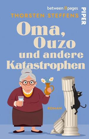 Das Buchcover zeigt eine humorvolle Illustration einer älteren Dame mit grauen Haaren und einer Brille, die in einem roten Oberteil ein Glas Ouzo und eine Blume hält. Neben ihr steht eine antike Säule, von der ein schwarzer Kater sitzt. Der Hintergrund ist in einem sanften Blau gehalten. Der Titel „Oma, Ouzo und andere Katastrophen“ ist in großen, hellen Buchstaben prominent platziert. Der Autor Thorsten Steffens ist ebenfalls sichtbar. Am unteren Rand steht „Roman“.