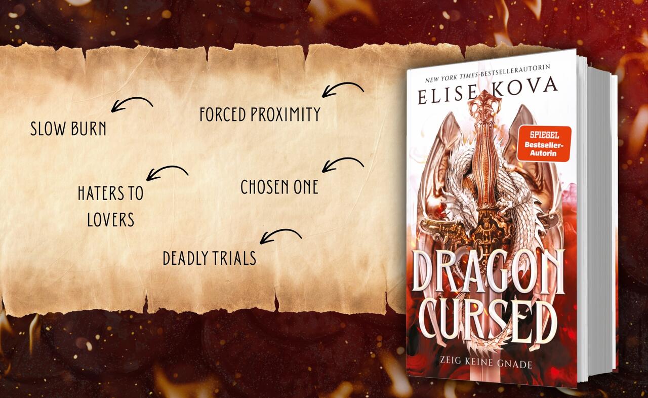 Auf einem Papyrus Banner stehen die Tropes:Slow burn, Forced Proximity, Haters to Lovers, Chosen One, Deadly Trials. Rechts daneben ist eine 3D Abbildung des Buches „Dragon Cursed“. Der Hintergrund ist dunkelrot mit Feuerfunken. 