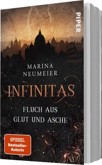 Das Buchcover zeigt eine düstere Stadtlandschaft mit silhouettierten Türmen und Gebäuden vor einem dramatischen, orangefarbenen Himmel. Im Vordergrund steht der Titel „INFINITAS“ in großen, goldenen Buchstaben, darüber der Name der Autorin „MARINA NEUMEIER“. Unter dem Titel steht in weißer Schrift „FLUCH AUS GLUT UND ASCHE“. In der unteren Ecke befindet sich ein roter Button mit dem Text „SPIEGEL-Bestseller-Autorin“. Die Atmosphäre ist geheimnisvoll und spannungsgeladen.