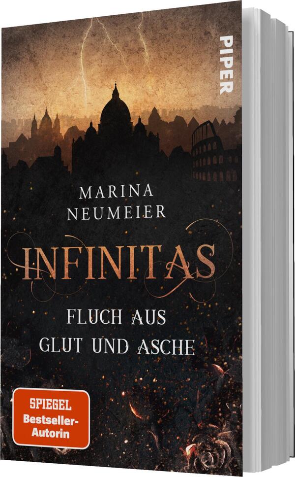 Das Buchcover zeigt eine düstere Stadtlandschaft mit silhouettierten Türmen und Gebäuden vor einem dramatischen, orangefarbenen Himmel. Im Vordergrund steht der Titel „INFINITAS“ in großen, goldenen Buchstaben, darüber der Name der Autorin „MARINA NEUMEIER“. Unter dem Titel steht in weißer Schrift „FLUCH AUS GLUT UND ASCHE“. In der unteren Ecke befindet sich ein roter Button mit dem Text „SPIEGEL-Bestseller-Autorin“. Die Atmosphäre ist geheimnisvoll und spannungsgeladen.