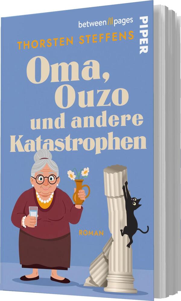 Das Buchcover zeigt eine fröhliche Großmutter mit grauen Haaren und einer Brille, die ein Getränk in der einen und einen Ouzo in der anderen Hand hält. Der Hintergrund ist in einem sanften Blau gehalten. Über der Figur steht der Titel „Oma, Ouzo und andere Katastrophen“ in großer, freundlicher Schrift. Am oberen Rand sind der Name des Autors Thorsten Steffens sowie das Verlagslogo in Weiß platziert. Unten wird das Wort „Roman“ ebenfalls hervorgehoben. Eine schwarze Katze sitzt am unteren Rand des Covers.