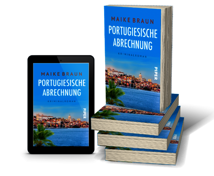 Maike Brauns Buch „Portugiesische Abrechnung“ als Bücherstapel und ebook