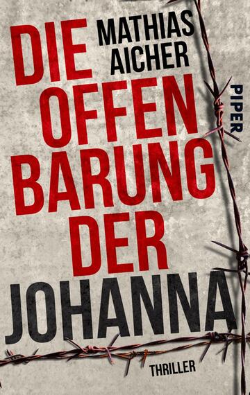 Das Buchcover zeigt einen grauen, strukturierten Hintergrund, der an Beton erinnert. In kräftigem Rot steht der Titel „DIE OFFENBARUNG DER JOHANNA“ zentral platziert, während der Autorenname „MATHIAS AICHER“ in Schwarz oben rechts positioniert ist. Der Verlag „PIPER“ und die Kategorie „Thriller“ sind in schmaler, blauer Schrift ebenfalls am rechten Rand zu sehen. Dornenhecken umrahmen das Cover und verstärken die düstere Atmosphäre des Thrillers.