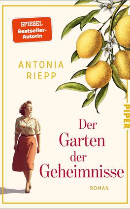 Das Buchcover zeigt eine stilisierte Darstellung einer Frau in einem hellen, schlichten Kleid mit floralem Muster, die nachdenklich auf die Seite blickt. Im Hintergrund sind große, gelbe Zitronen und grüne Blätter zu sehen, die eine lebendige Atmosphäre schaffen. Der Titel „Der Garten der Geheimnisse“ ist in eleganter, roter Schrift platziert, unterbrochen von dem Wort „Roman“ in kleinerer Schriftgröße. Oben links befindet sich der Hinweis „SPIEGEL Bestseller-Autorin“ und der Verlagsname „PIPER“ ist rechts auf dem Cover in Gelb zu erkennen.