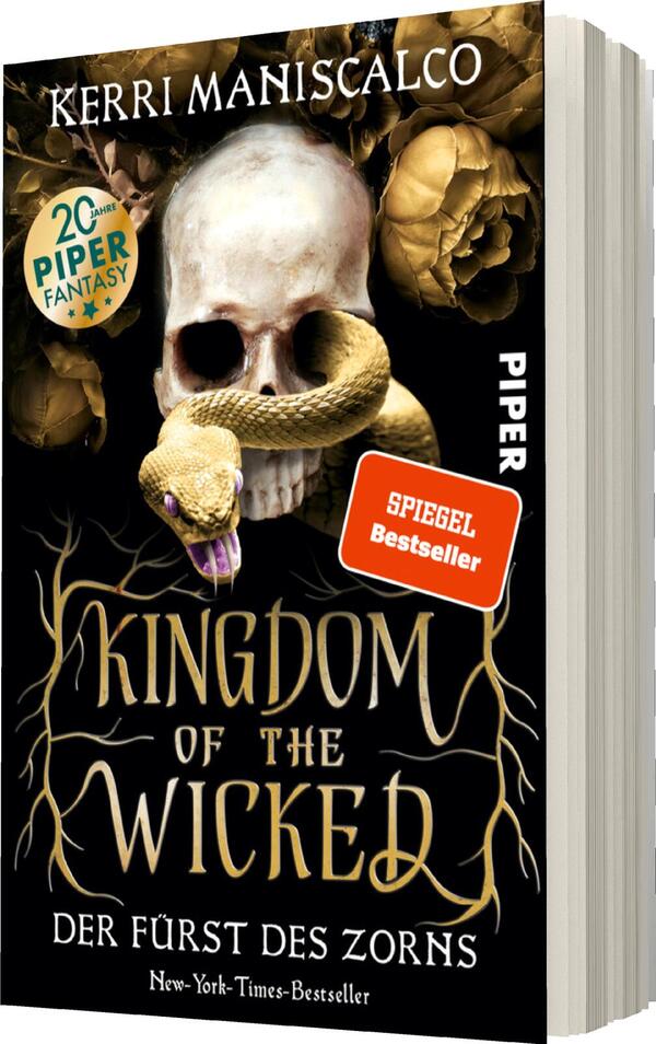 Das Buchcover zeigt einen menschlichen Schädel, umgeben von goldenen Rosen und einer sich windenden Schlange. Die Farbtöne sind überwiegend dunkel und mystisch, was eine geheimnisvolle Atmosphäre schafft. Der Titel „KINGDOM OF THE WICKED“ ist in auffälligen, geschwungenen Buchstaben in Gold und Schwarz dargestellt. Darunter steht der Untertitel „Der Fürst des Zorns“ in einer leichteren Schrift. Oben ist der Name der Autorin Kerri Maniscalco sowie das Verlagslogo und der Hinweis „SPiegel Bestseller“ abgedruckt.