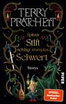 Das Buchcover zeigt einen dunklen Hintergrund, der mit filigranen goldenen Linien und Illustrationen verziert ist. Oben steht der Name des Autors „Terry Pratchett“ in großen, eleganten Buchstaben. Darunter findet sich der Titel „Spitzer Stift schlägt stumpfes Schwert“ in kräftigem Gelb, umrahmt von verschlungenen grafischen Elementen, darunter ein Gnom mit einem roten Punkt auf der Mütze und zwei stilisierte Drachen. Am unteren Rand befindet sich das Verlagslogo „PIPER“ und ein Hinweis „SPIEGEL Bestseller-Autor“ in Orange.