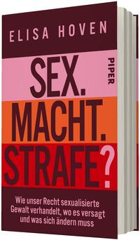 Das Buchcover zeigt einen mehrfarbigen, gestaffelten Aufbau in dunklem Weinrot, Rosa, Orange und Rot mit großen, serifenlosen Großbuchstaben. Oben steht der Autorenname „ELISA HOVEN“ in rosa auf Weinrot. Zentral groß: „SEX.“ in Dunkelrosa, darunter „MACHT.“ in Orange und ganz unten fett „STRAFE?“ in Rot mit einem weißen Fragezeichen. Unten ein Untertitel in weißer, kleinerer Schrift: „Wie unser Recht sexualisierte Gewalt verhandelt, wo es versagt und was sich ändern muss“.