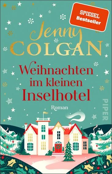 Das Buchcover zeigt ein winterliches Szenario mit einem stilisierten, roten Inselhotel im Vordergrund, umgeben von schneebedeckten Bäumen und einer sanften, glitzernden Schneelandschaft. Der Hintergrund ist in sanften Grüntönen gestaltet, während weiße Schneeflocken leicht fallen. Der Titel „Weihnachten im kleinen Inselhotel“ steht in rot, umrahmt von goldenen Akzenten. Darunter befindet sich der Schriftzug „Roman“. Oben links ist ein rotes Label mit „SPIEGEL Bestseller“ platziert. Der Autorennname „Jenny Colgan“ erscheint in großen, eleganten Buchstaben in Gold.